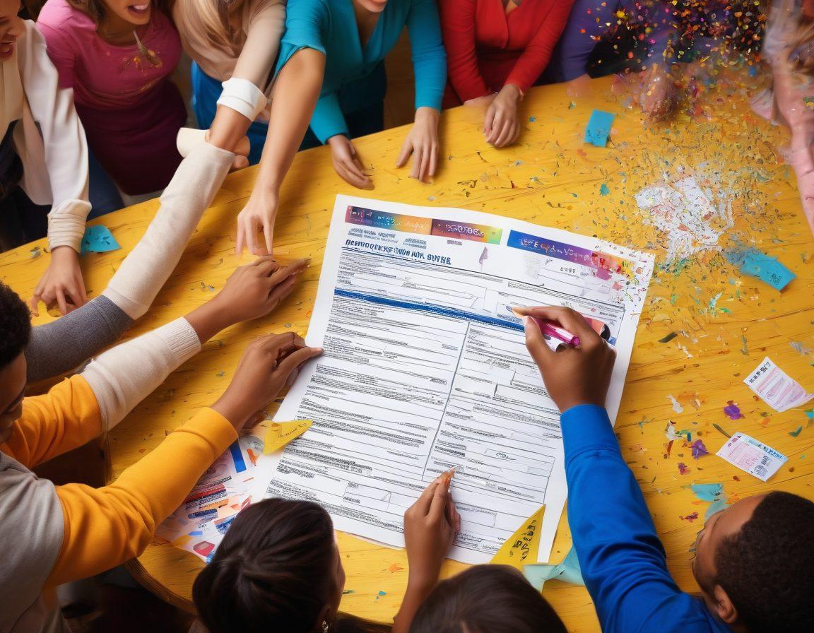 A dynamic illustration of a diverse group of people strategizing over a large contest entry form, surrounded by colorful sweepstakes tickets and cheerful confetti. In the background, a trophy shines prominently as a symbol of victory, with a path leading to it filled with various prizes. The scene conveys excitement, hope, and the thrill of competition. vibrant colors. super-realistic. cheerful atmosphere.