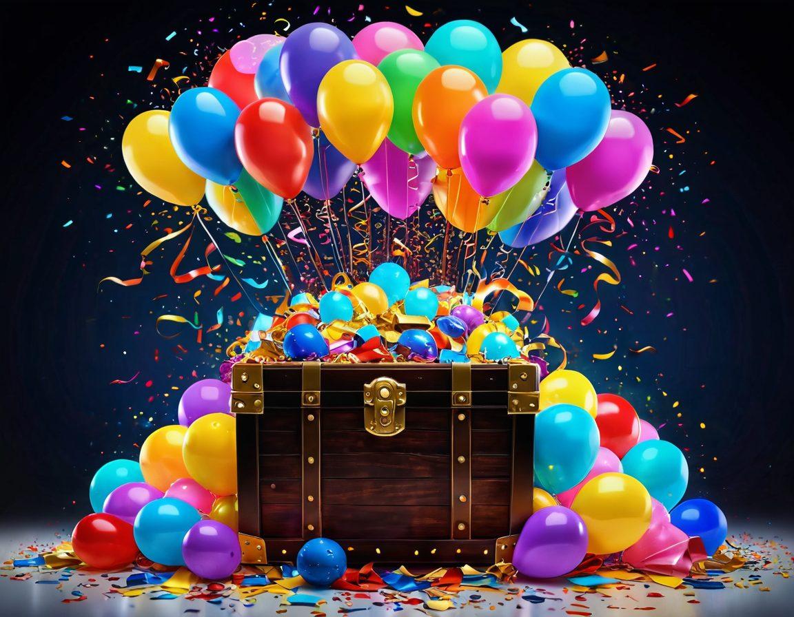 An artistic representation of a treasure chest overflowing with colorful prizes, surrounded by confetti and balloons. In the background, a glowing computer screen displays various online giveaway banners, emphasizing excitement and opportunity. Incorporate dynamic elements like sparkling light trails and enthusiastic people celebrating their winnings. The overall vibe should be vibrant and lively, capturing the thrill of winning online. 3D. vibrant colors.