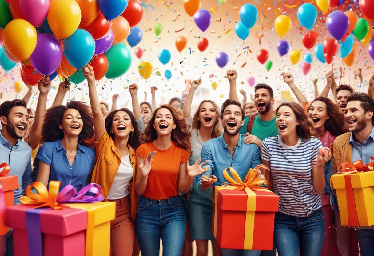 A lively scene of a diverse group of people joyfully participating in a promotional event, showcasing vibrant banners and prizes like big colorful gift boxes. The background features a festive atmosphere with balloons and confetti, while energetic engagement is highlighted through smiles and interactive booths. The overall mood should convey excitement and community spirit. vibrant colors. 3D. dynamic composition.